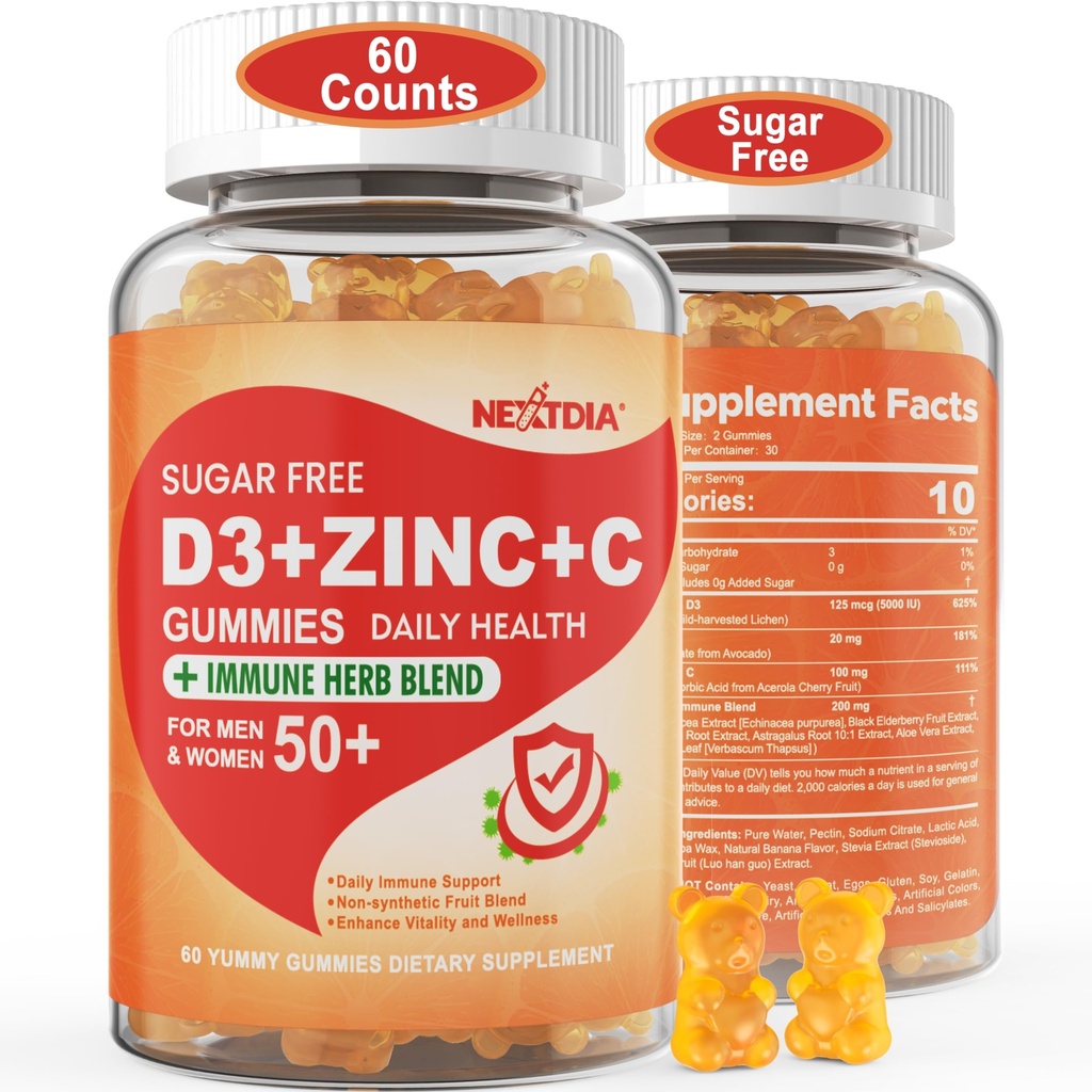 Sans sucre Vitamine C + D3 + Gommies de zinc pour adultes 50 +, 9 en 1 Supplément de défense immunitaire avec D3 5000IU, Elderberry, Echinacea, Mullein Leaf pour l'immunité boost, Antioxydant puissant, végétalien (paquet de 1)