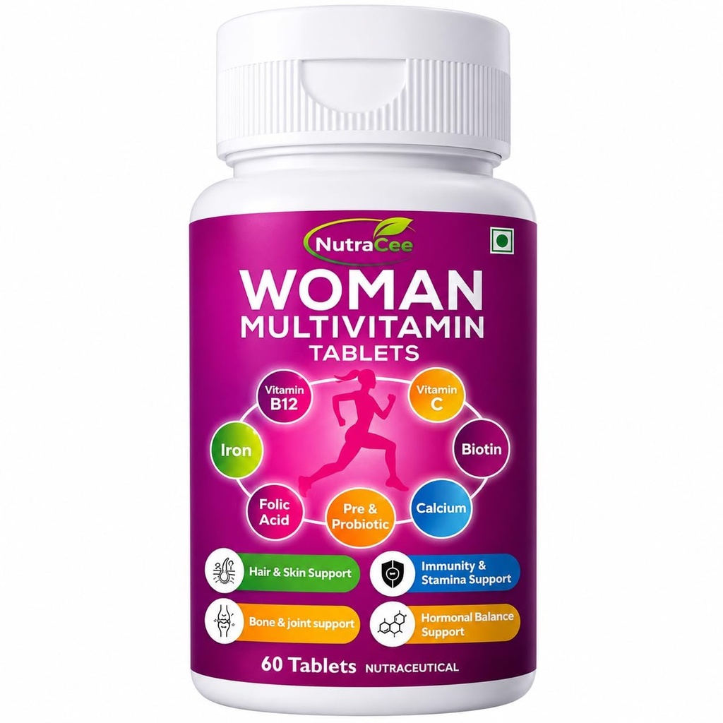 Women Multivitamin Tablets with Biotin, Iron, Calcium, Zinc, Vitamins C, D & B12, Pre & Probiotics | Daily Multivitamin Supplement for Women | Supports Energy, Immunity, Hair, Skin & Bone Health | 60 Tablets