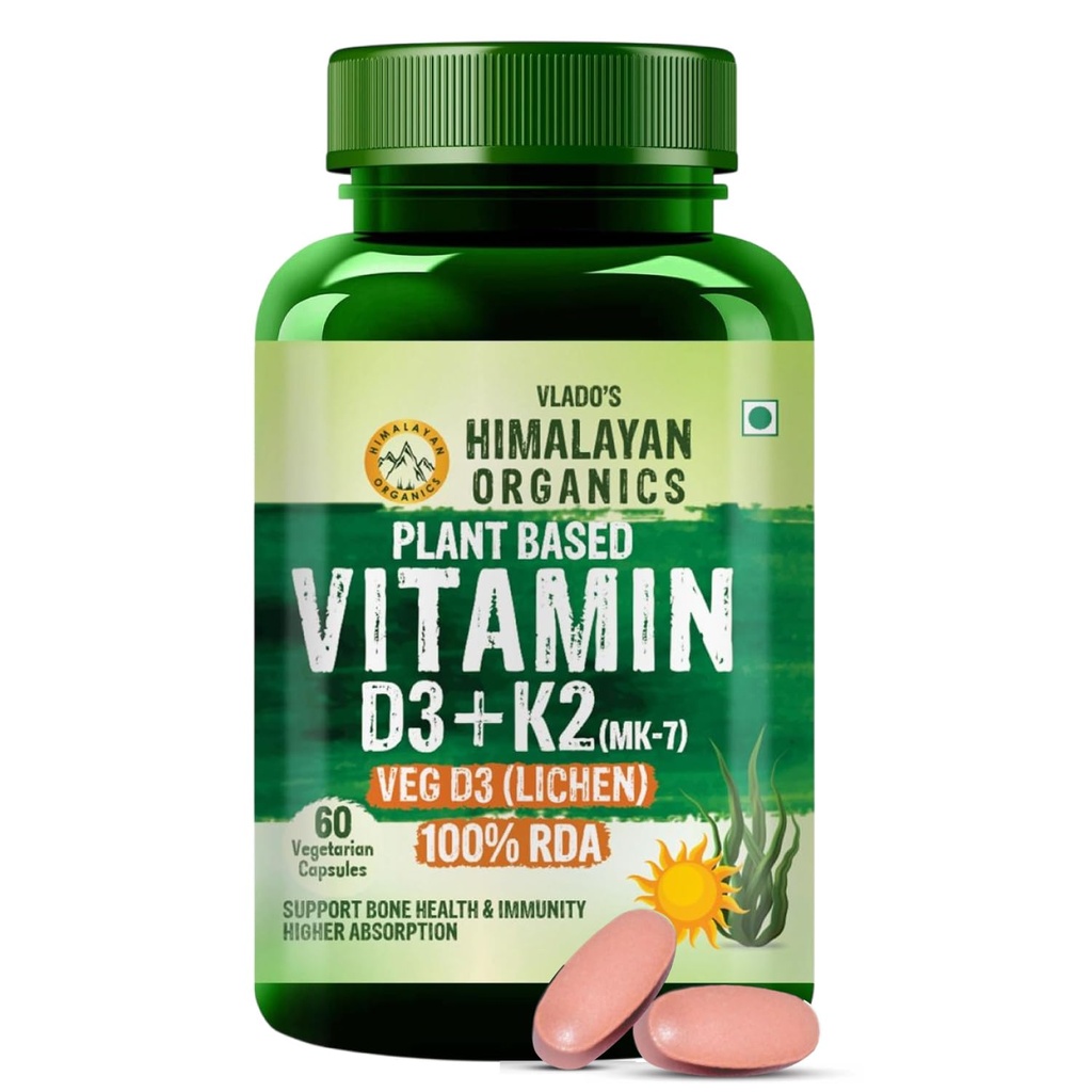 Vlado Himalayan Organics Plant Based Vitamin D3 600 IU + K2 MK7 55 mcg capsules | Lichen Source Natural Vitamin D3 | Vegan, Non-Synthetic Bone & Calcium Support Supplement | Supports Heart Health & Immunity | 60 - 100% Veg Capsules
