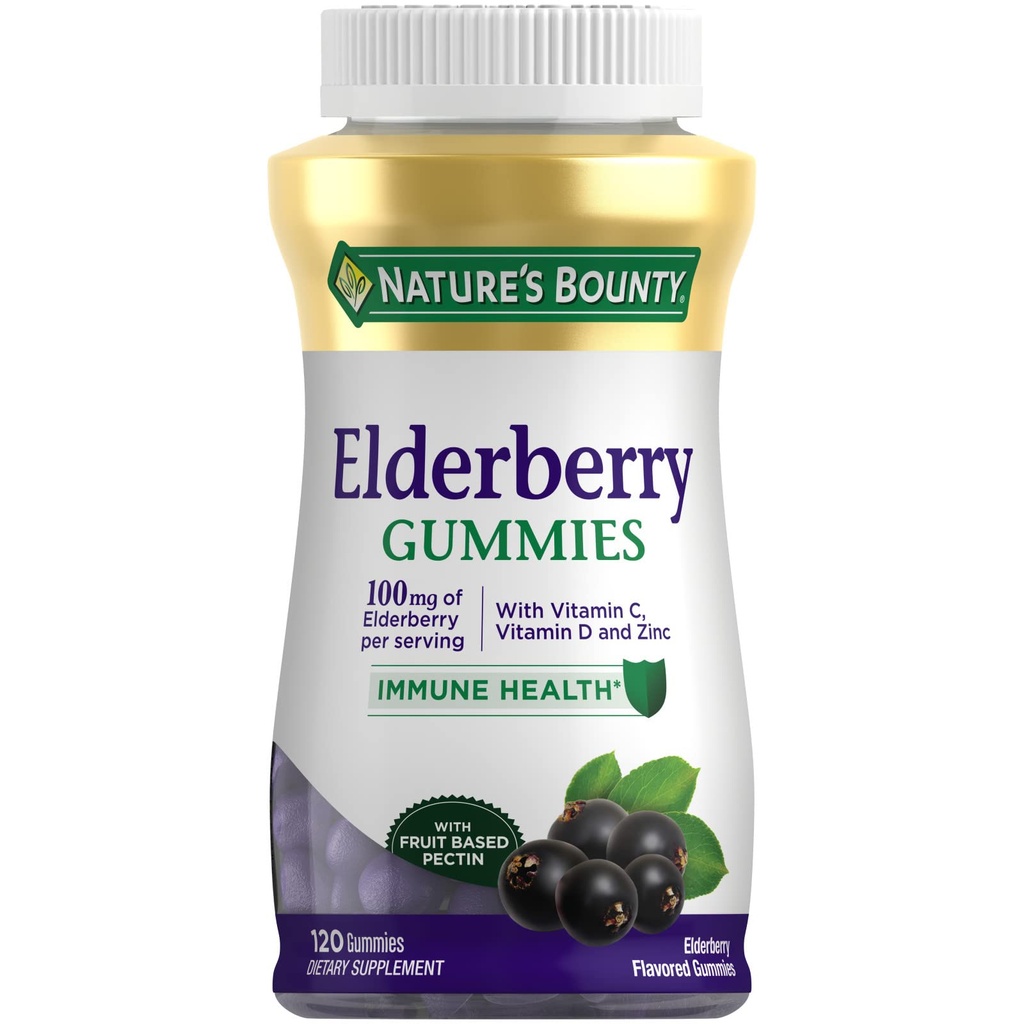 Nature's Bounty Elderberry Gummies, Nahrungsergänzung, Unterstützt Immungesundheit, Enthält Vitamin A, C, D, E und Zink, 100 mg, 120 Gummies