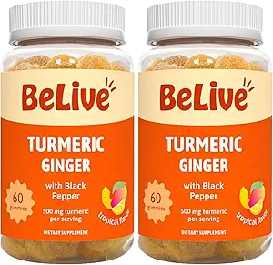 BeLive Curcumin Turmerico con Pepe Nero & Ginger - 500 mg di Turmerico e Ginger Supplemento per il supporto immunitario, Pelle sana e mobilità - Tropicale Flavor | 60 Conte