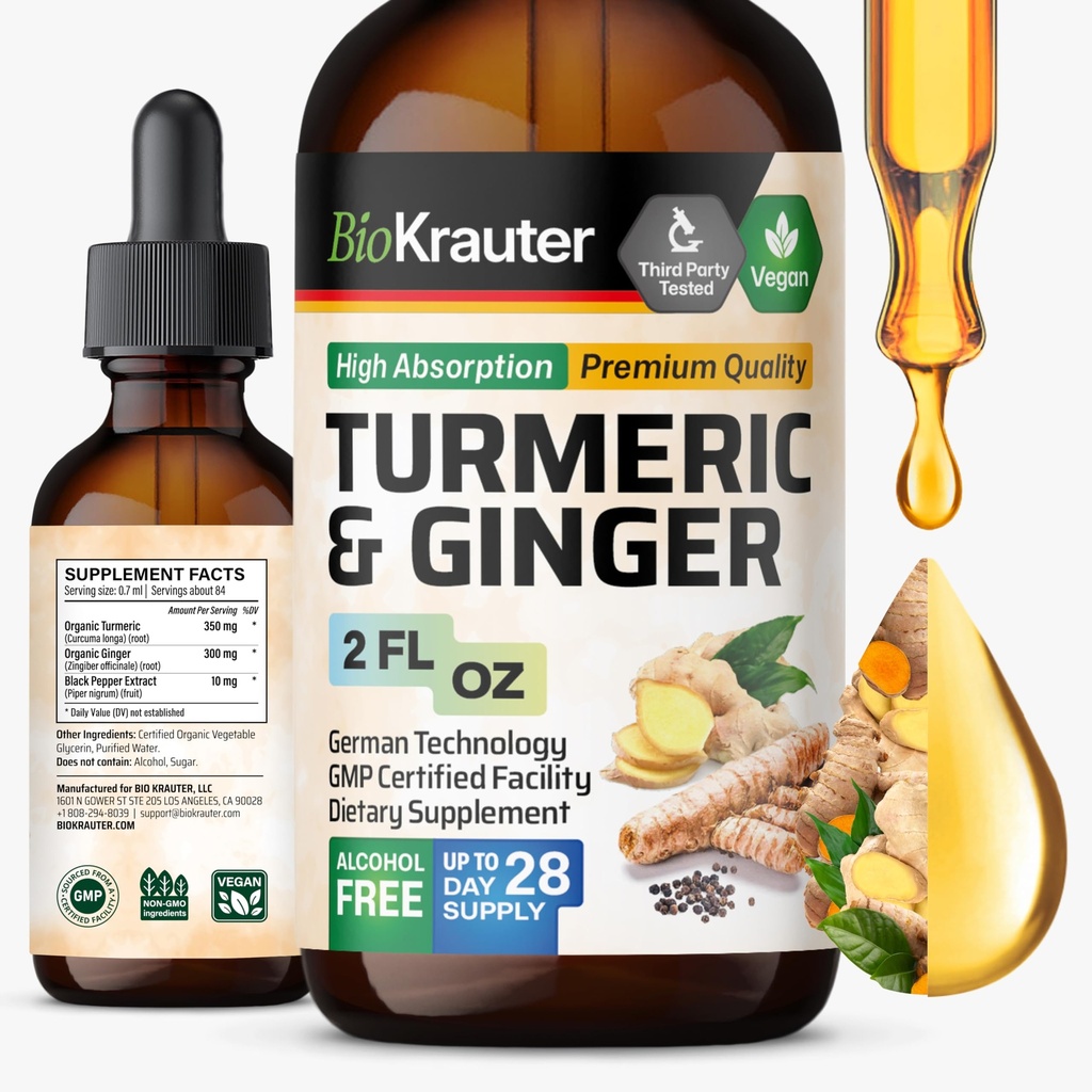 BIO KRAUTER Turmeric and Ginger Supplement Tincture - Turmeric Curcumin Immun Support Drops - Ginger Extract mit schwarzem Pfeffer - Vegan Formel - 2 Fl.Oz.