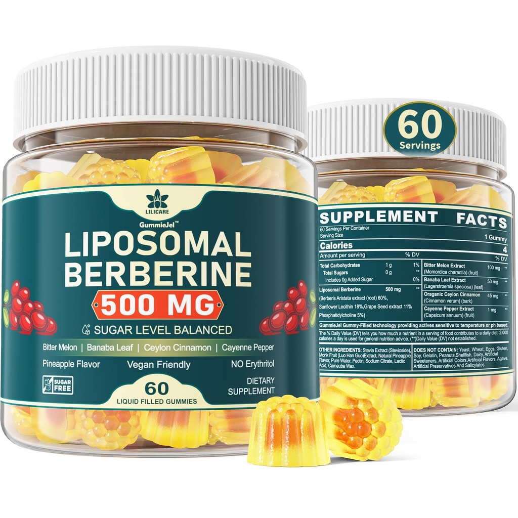 Supplément Berberine 500mg, une fois par jour, Gommies liposomiques avec cannelle Ceylan, Melon amère, Banaba Feuille pour le métabolisme équilibré, activateur AMPK, haute absorption, sans sucre, végétalien, 60 Cts