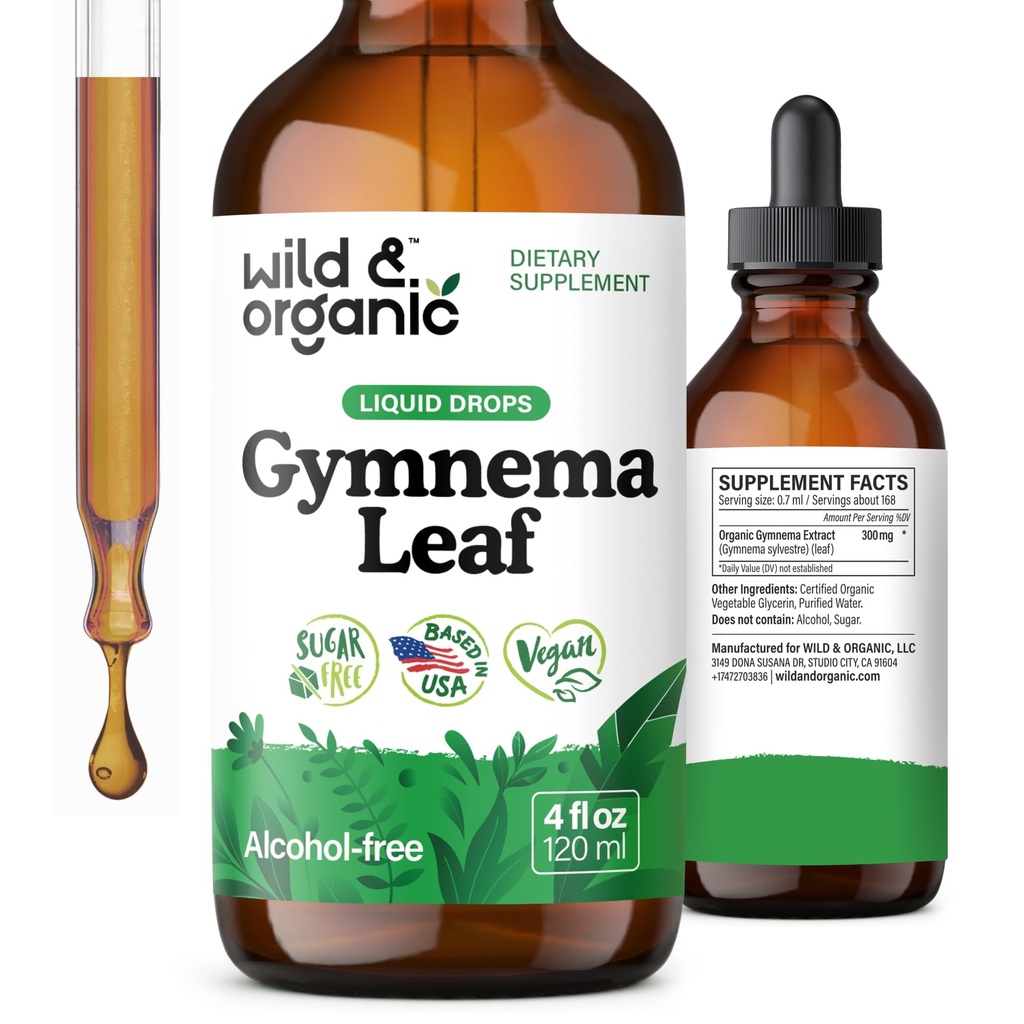 Bouchons d'extrait de sylvestre de Gymnema sauvage et biologique - Suppléments sans sucre de sylvestre de Gymnema - Teinture à base de poudre de Gurmar - gouttes liquides de feuilles végétaliennes sans alcool - 4 fl oz
