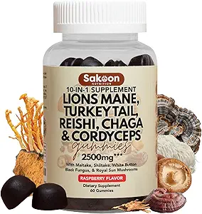 Sakoon nutrizione Lions Mane Mushroom Gummies con Turchia Tail, Reishi & More, 2500mg, 60 Count, Raspberry aromatizzato