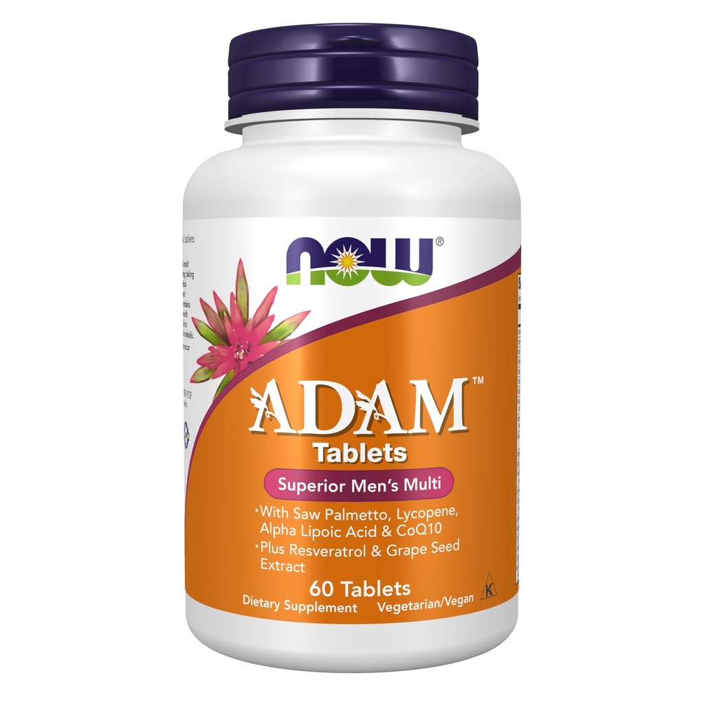 NOW Integratori alimentari, Multivitamina maschile ADAMTM con Palmetto di Sega, Licopene, Acido alfa lipoico e CoQ10, Plus Estratto di semi di Resveratrolo naturale & Uva, 60 compresse
