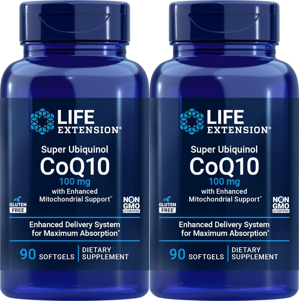 Extension de vie COQ10 Super Ubiquinol 100mg 90 Compte (paquet de 2) avec support Mitochondrial amélioré