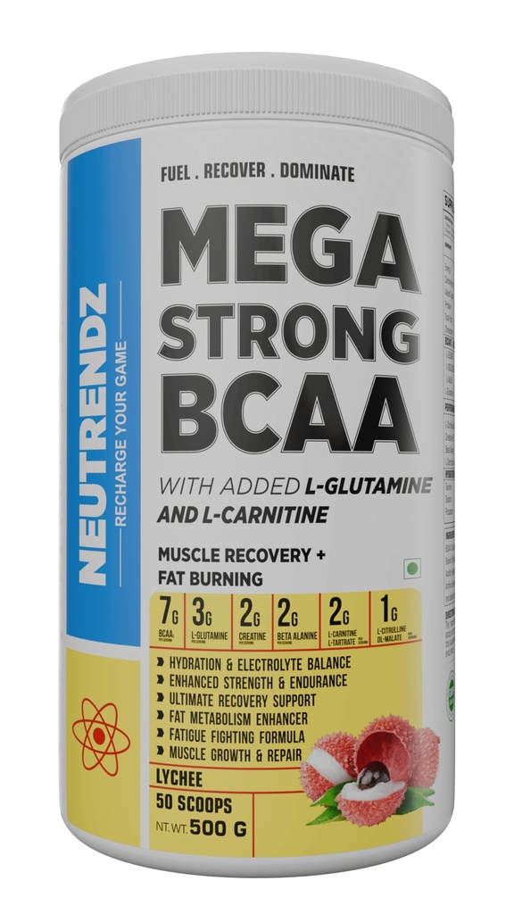 Mega Strong BCAA + Glutamine 7g | BCAAs, 3g Glutamine, Creatine, Beta-Alanine & L-Carnitine | Muscle Recovery, Endurance & Hydration Support | Intra/Post Workout Supplement (500g, Lychee)