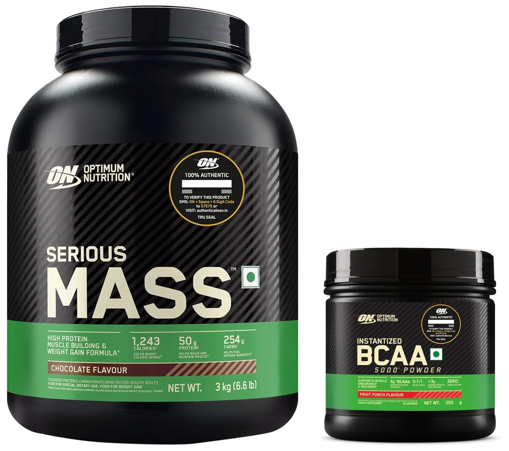 OPTIMUM NUTRITION (ON) Serious Mass High Protein High Calorie Weight Gainer Powder - 3 kg (Chocolate) & Optimum Nutrition BCAA, 5g BCAAs in 2:1:1 Ratio, 30 servings (250gm, Fruit Punch)