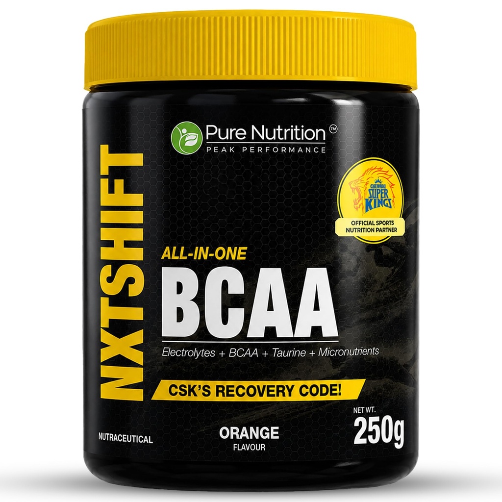 Pure Nutrition BCAA Powder | Intra Workout Energy & Muscle Recovery BCAA Supplement for Men & Women | 2:1:1 Ratio Amino Acids with L Glutamine & Citrulline Malate - 250g | Orange Flavour