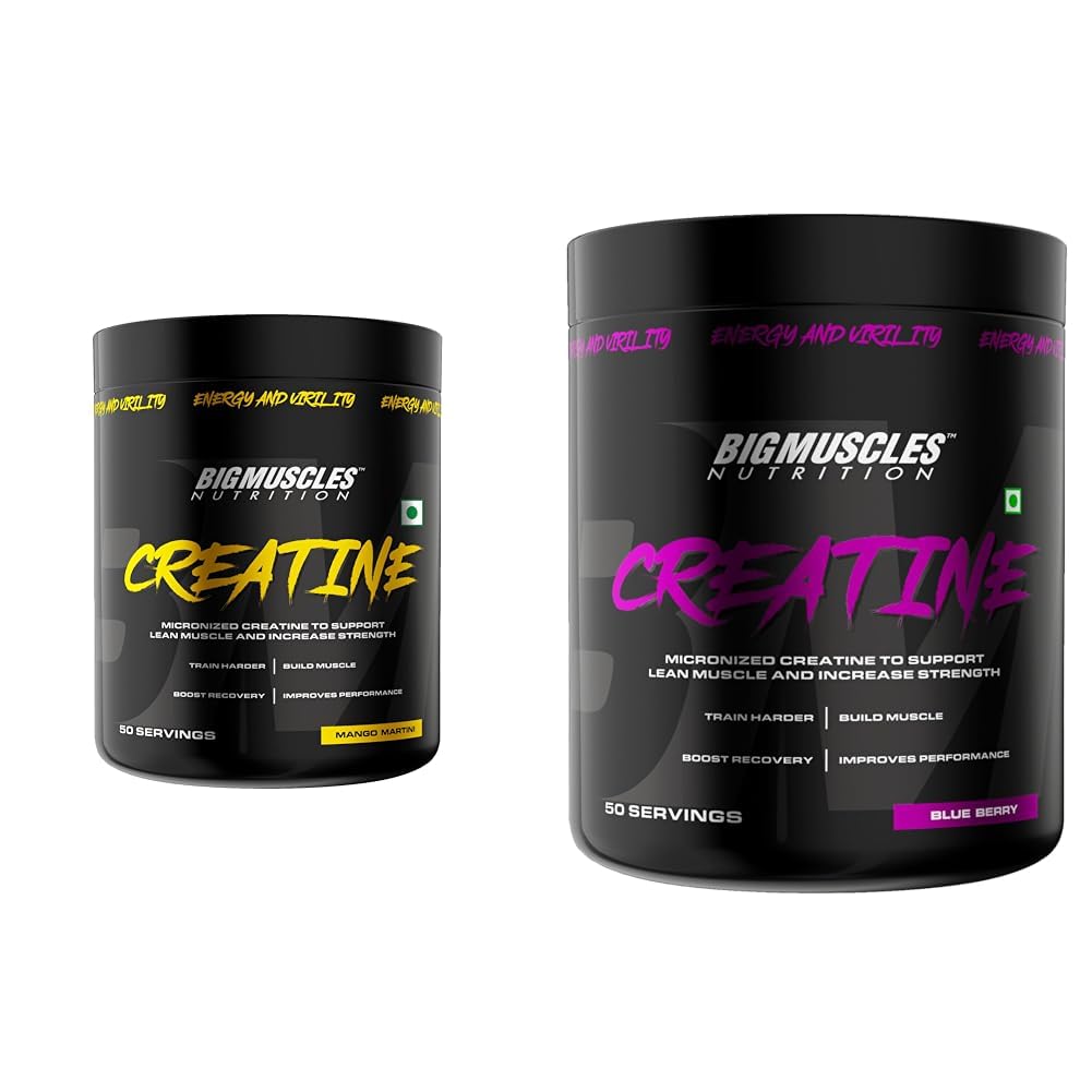 Bigmuscles Nutrition Creatine 155G (50 Servings) Powder Mango Martini|Micronized Monohydrate|Supports Muscle Repair & Performance & Creatine 155G (50 Servings) Blueberry|Micronized Monohydrate Combo