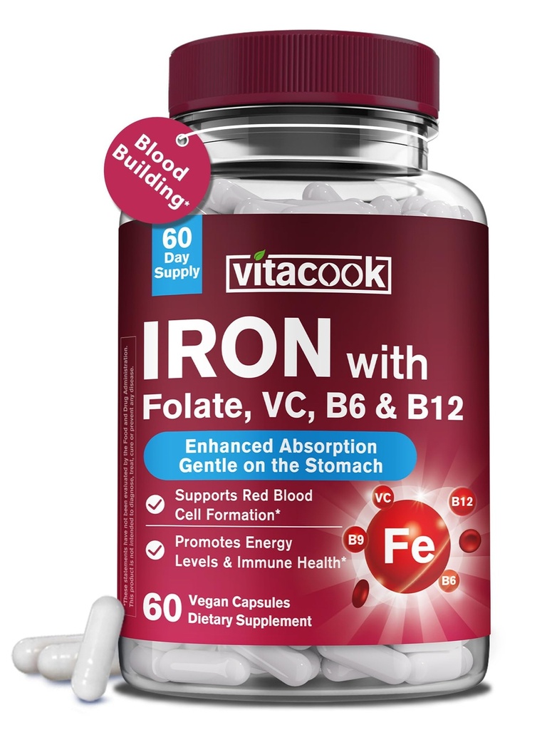 Iron Supplement for Women & Men, Iron Bisglycinate with Vitamin C, B6, B12, Folate, Stomach Friendly, Non-Constipating, Blood Health & Energy Boost, 60 Vegan Caps