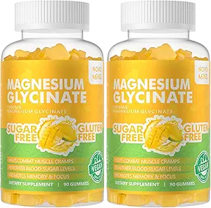 Magnesio Glycinate Gummies 1000mg - Zucchero Gratuito Magnesio Potassium Supplemento con Vitamina D, B6, CoQ10 per Calma Mood & Sleep Support - 180 Mango Ananas