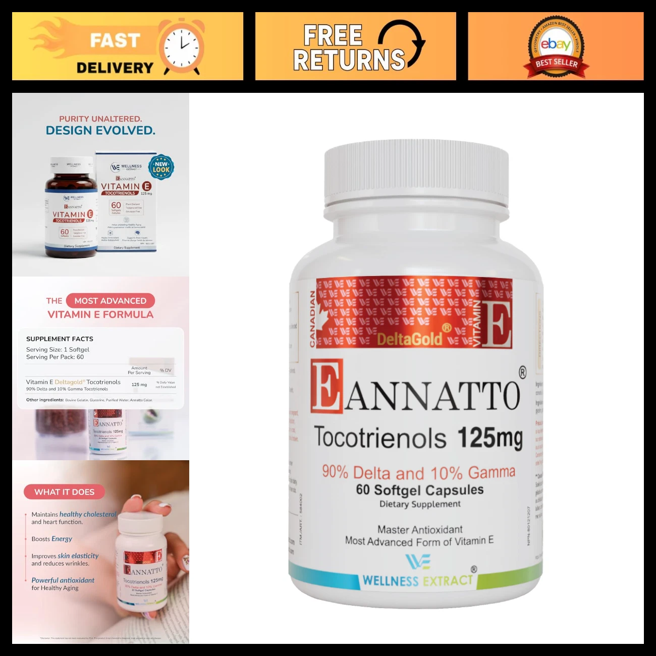 Non-GMO Antioxidant Tocotrienols Vitamin E Supplements - Gluten Free, 125MG, 60
