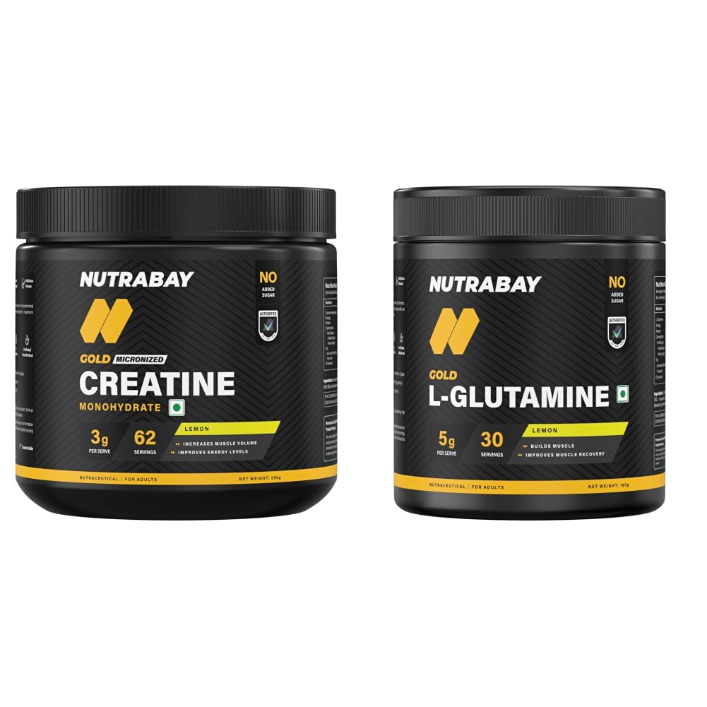 Nutrabay Gold Micronised Creatine Monohydrate Powder - 250g, Lemon and Gold L-Glutamine Supplement Powder 180g, Lemon Flavor