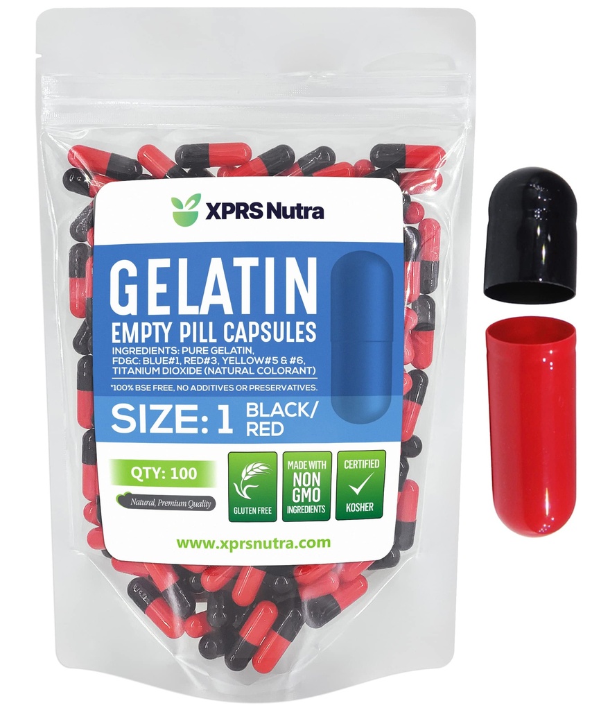 XPRS Nutra Größe 1 Leere Kapseln - 100 Zählen farbige leere Gelatine Kapseln - Pille DIY Ergänzung Kapsel Füllung - Füllbare Farbe Gel Kapseln Pillen für tun Sie es Ihre Selbst Ergänzungen (Schwarz/Rot)