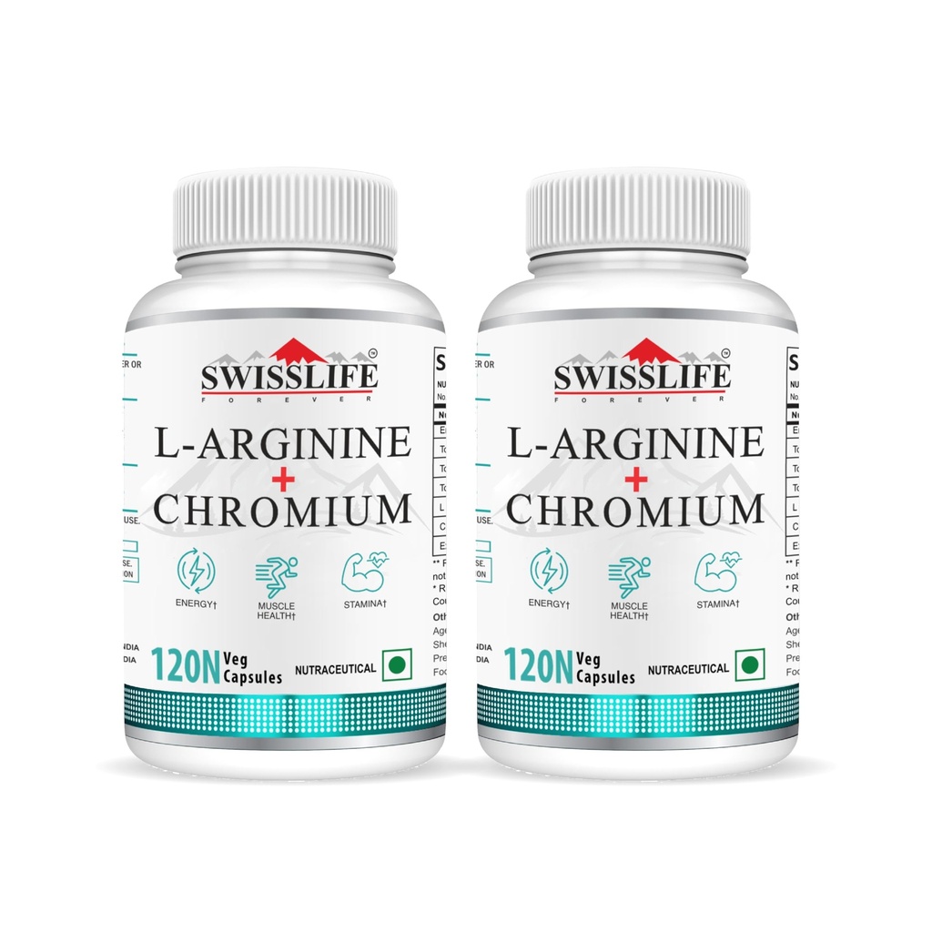 SWISSLIFE FOREVER L-Arginine & Chromium Capsules Supports Metabolism, Blood Sugar Balance & Cardiovascular Health Amino Acid Supplement for Men & Women Pack of 2 (120 Capsules)