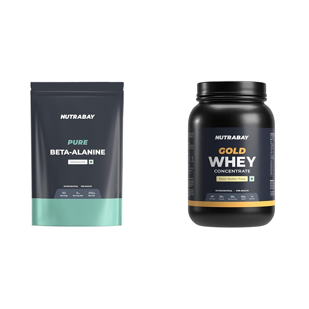 Nutrabay Pure 100% Beta Alanine - Unflavoured, 250g | Nutrabay Gold Whey Protein Concentrate with Digestive Enzymes & Vitamin Minerals 25g Protein – Mus