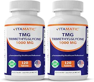 Vitamatic TMG Integratori 1000mg - Trimethylglycine - Betaine Anhydrous - 120 Compresse - 120 Serve - Non OGM & Gluten Free (2 Bottiglie)