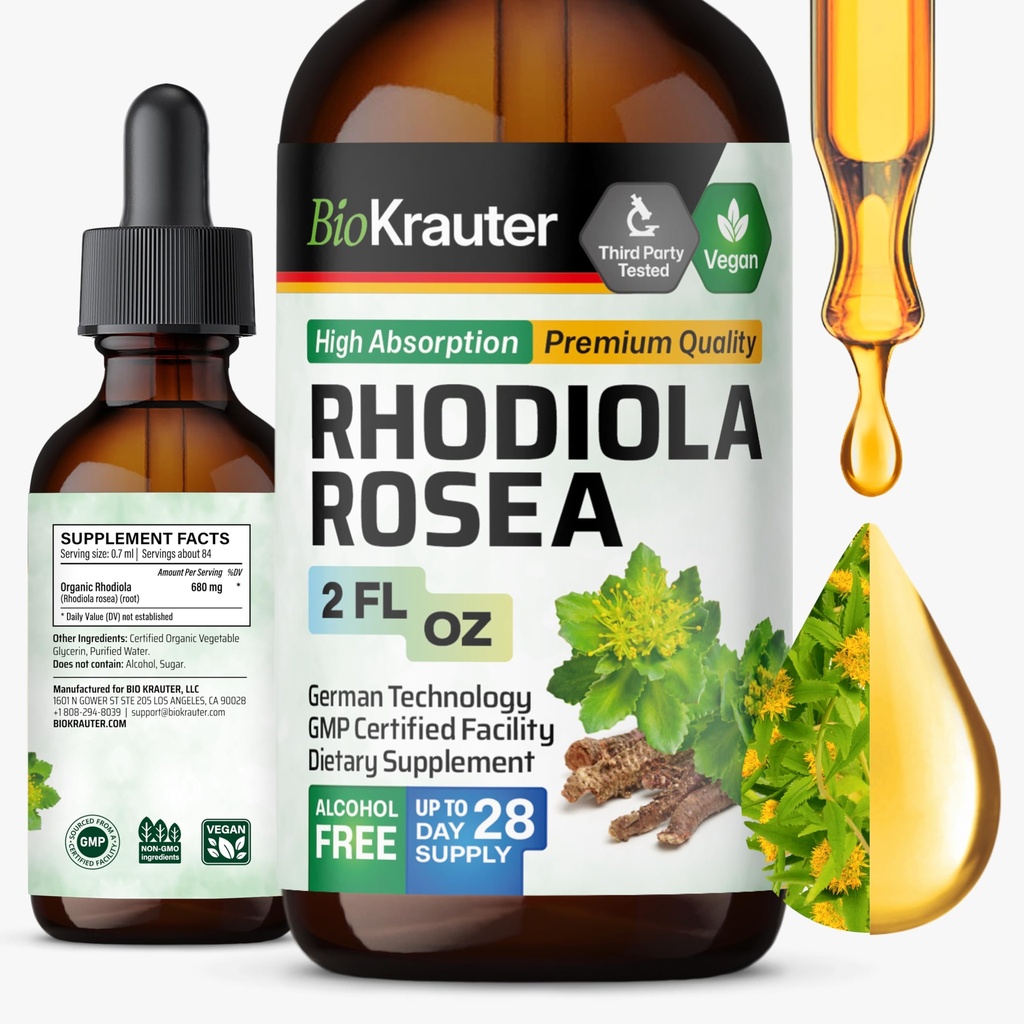 BIO KRAUTER Rhodiola Rosea Supplemento Liquido - Pure Rhodiola Rosea Tincture - Vegan Calmness Support - Alcol & Sugar Free Extract 2 Fl.Oz.