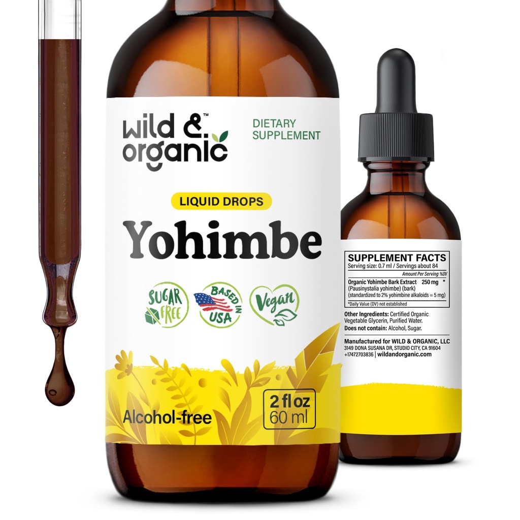 Wild & Organic Yohimbe Ergänzungen für Männer & Frauen - 5 mg Yohimbine Flüssigkeitsextrakt Tropfen - Pausinystalia Yohimbe Bark Tinkture - Vegan, Alkoholfrei - 2 fl oz