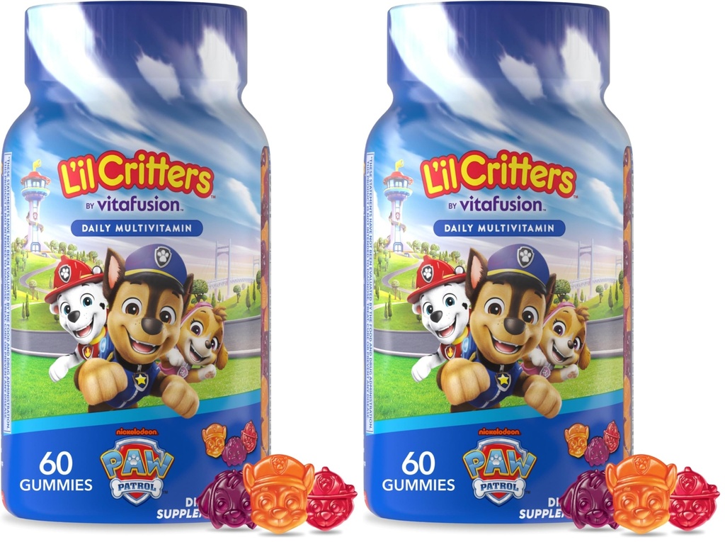 L’il Critters Paw Patrol Gummy Vites Daily Gummy Multivitamin per bambini, Vitamina C, D3 per Supporto Immune Cherry, Arancione e Blueberry Flavors, 60 Gummies (Pack of 2)