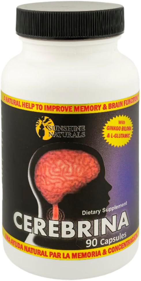 Sunshine Naturals Cerebrina con Ginkgo Biloba & L-Glutamic Memory & Focus Support Supplement – 90 capsule – Formula di salute del cervello per gli adulti