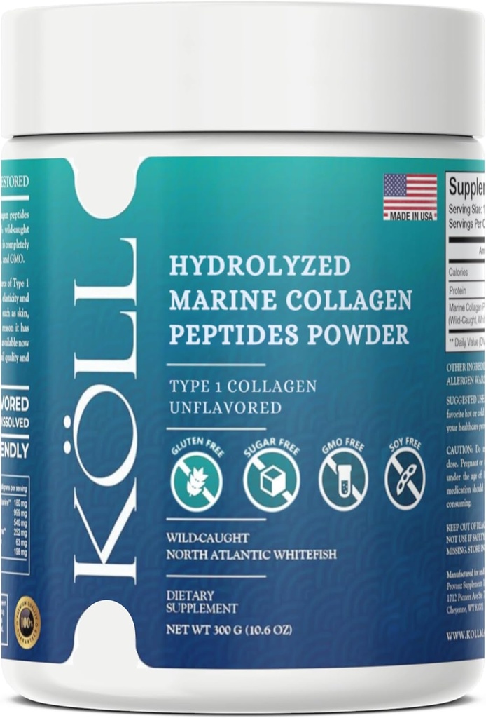 Polvere di peptidi di collagene marino di KÖLL (300g) Collage senza zucchero senza aroma per le donne e gli uomini, supplemento di 10.000mg idrolizzato, Fonte di selvaggina, Non OGM, 0% Preservativi Tipo 1 per la salute di ossa e della pelle