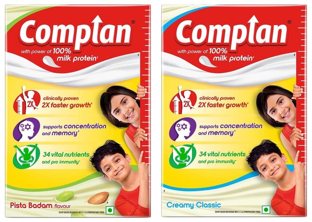 Complan Nutrition Drink Powder for Children, Pista Badam Flavour, 500 g Carton & Creamy Classic 500g | Nutrition drink for kids with protein & 34 vital nutrients