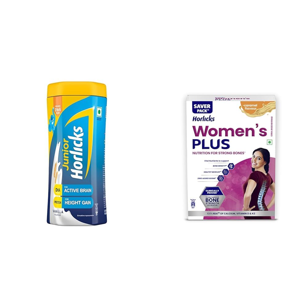 Junior Horlicks Health & Nutrition Drink Vanilla, 500G Jar, 2 To 6 Years & Horlicks Women's Plus Caramel Refill 400g