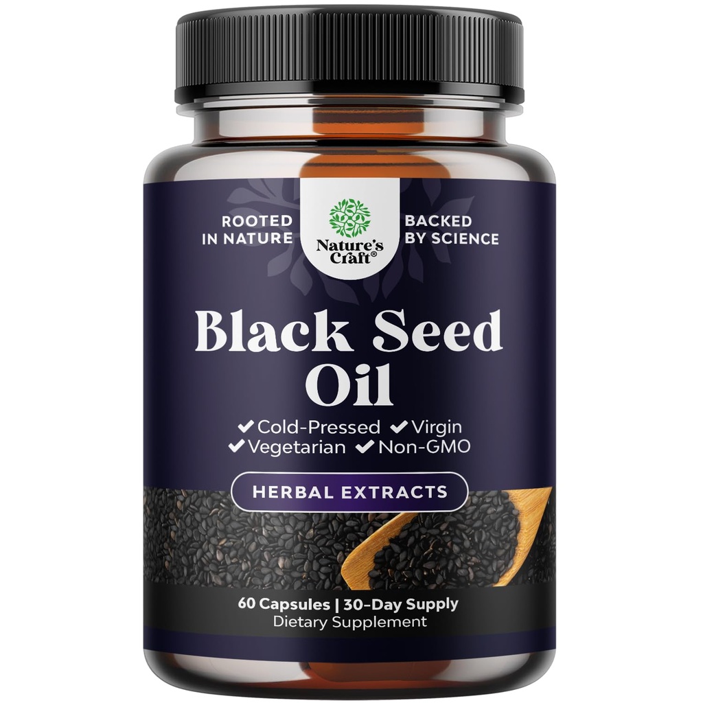 Capsules d'huile de graines noires de végétalien - Nigella Sativa à pression froide Capsules d'huile de graines de cumin noir avec Omega 3 6 9 Antioxydants et Thymoquinone pour la croissance des cheveux Immune Soutien articulaire santé et digestion