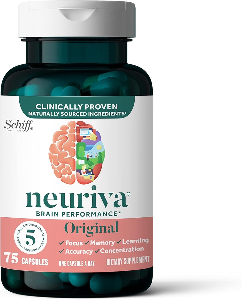 NEURIVA Original Brain Supplemento per la Memoria, Focus & Concentration + Learning & Accuracy con clinicamente testato Nootropics Phosphatidylserine e Neurofactor, Caffeine Free, 75ct Capsule