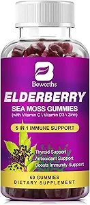 Elderberry Gummies & Irish Sea Moss, Organic Sambucus Elderberry Gummy mit Seamoss, Zink, Vitamin C, D3, Multivitamin Elderberry Vitamin & Energy Support Supplements - Sugar-Free