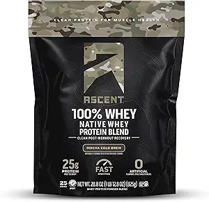 Ascesa 100% polvere di proteine del siero di latte - Isolato di proteine del siero post-allenamento, aromi e dolcificanti artificiali zero, senza glutine, 5.5g BCAA, 2,6g leucina, esclusiva militare, mocha raffreddore 1,7 lb