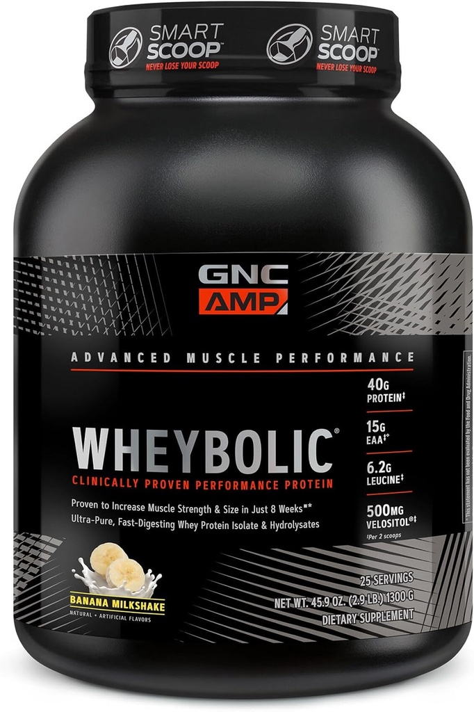 GNC AMP Wheybolic Clinical Proven Protein Powder, 40g Whey Protein, BCAA, Leucine, erhöht Muskelkraft, Muskelaufbau, 3. Partei Getestet, Glutenfrei, Banana Milkshake, 25 Portionen