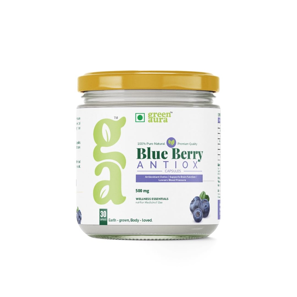 Green Aura Blueberry Antiox Capsules (30 Capsule) | Antioxidant-Rich Supplement for Brain, Heart & Vision Health | Supports Detox & Memory (500mg)