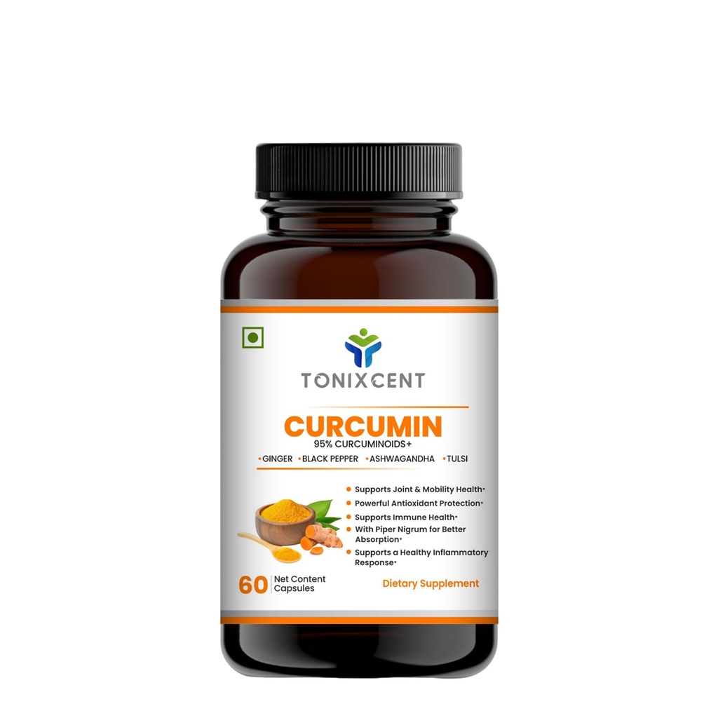Curcumin 95% Curcuminoids Capsules with Piperine, Turmeric Extract with Ginger, Ashwagandha & Tulsi, Joint & Mobility Support, Antioxidant & Daily Wellness Supplement, Veg Capsules for Men & Women– 60 Count