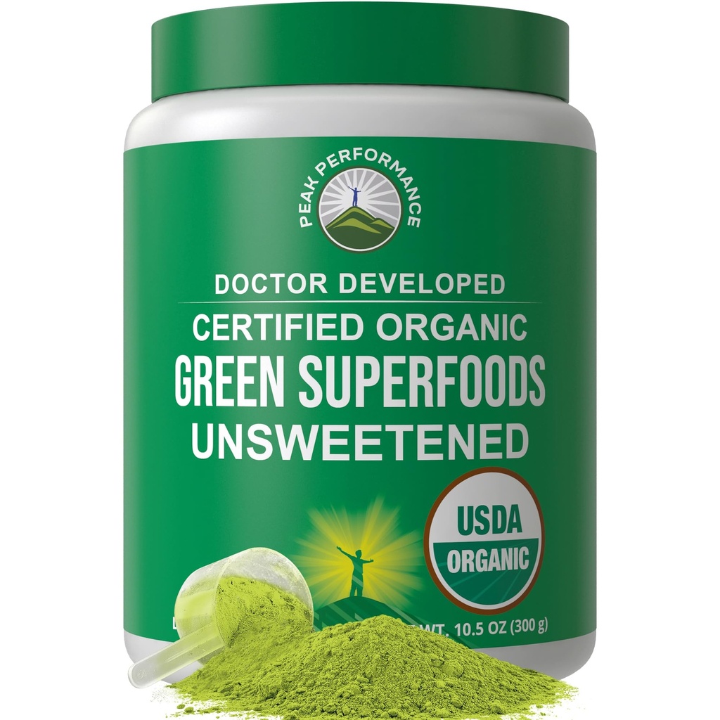 Peak Performance Unsweetened Organic Greens Superfood Powder. Super Greens Powder mit 25+ Bio Zutaten für Max Energy und Athletic Performance. Vegan Keto Green Juice Daily Drink