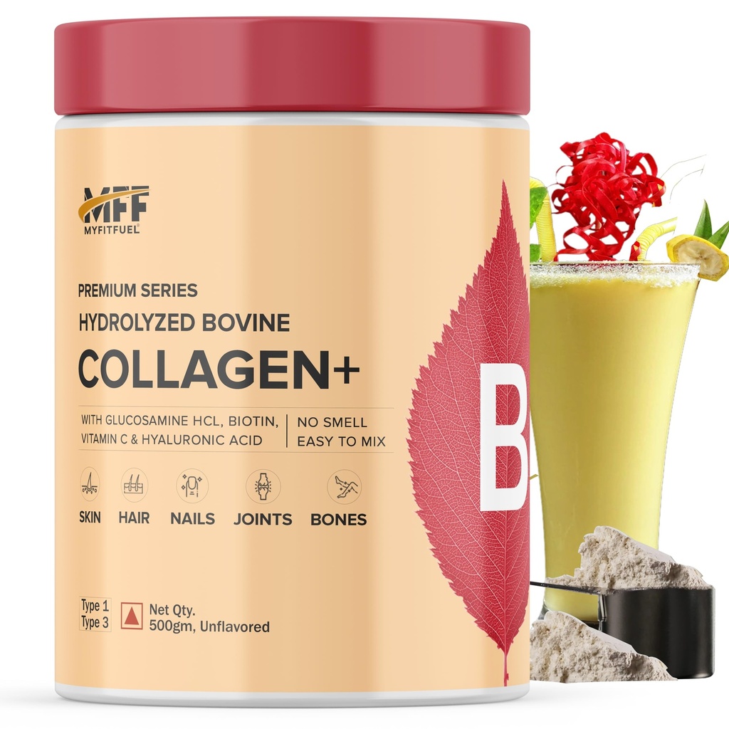 MyFitFuel Hydrolyzed Bovine Collagen (500gm, Unflavored) with Biotin, Hyaluronic Acid, Zinc, Vitamin C & Glucosamine | For Skin, Hair, Nails & Joints