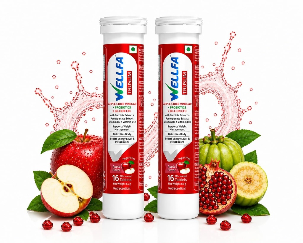Truslim Effervescent Tablets | Apple Cider Vinegar with 2 Billion CFU Probiotics | With Vitamin B6 & Vitamin B12 | Sugar-Free Supplement | 34 Apple Flavour Tablets (Pack of 2)