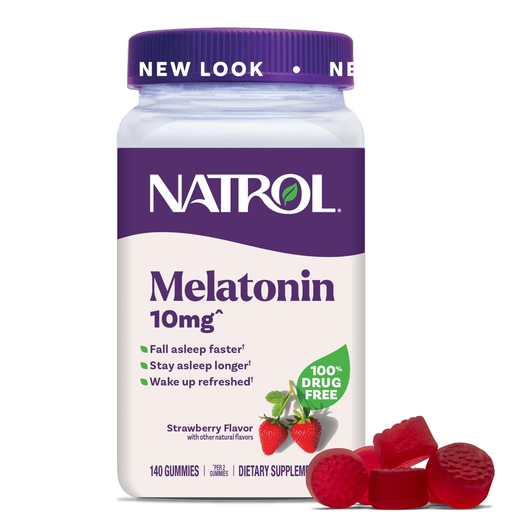 Natrol Melatonin Gummies, Supporto per il sonno per adulti, Melatonina 10 mg, 140 Fragola aromatizzata, Fino a 70 giorni