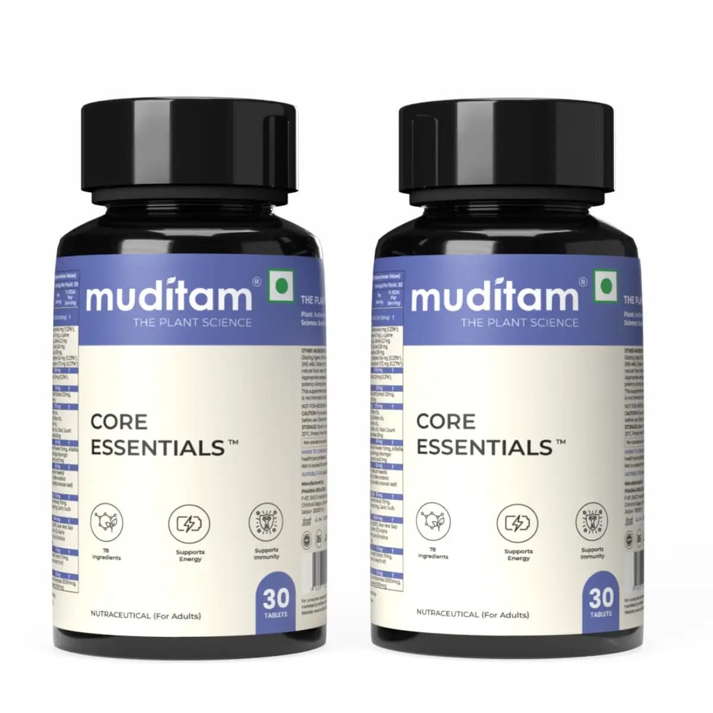 Muditam Ayurveda Core Essentials – 60 Tablets | Daily Multivitamin with Herbal & Ayurvedic Ingredients | General Wellness & Lifestyle Support | Pack of 2
