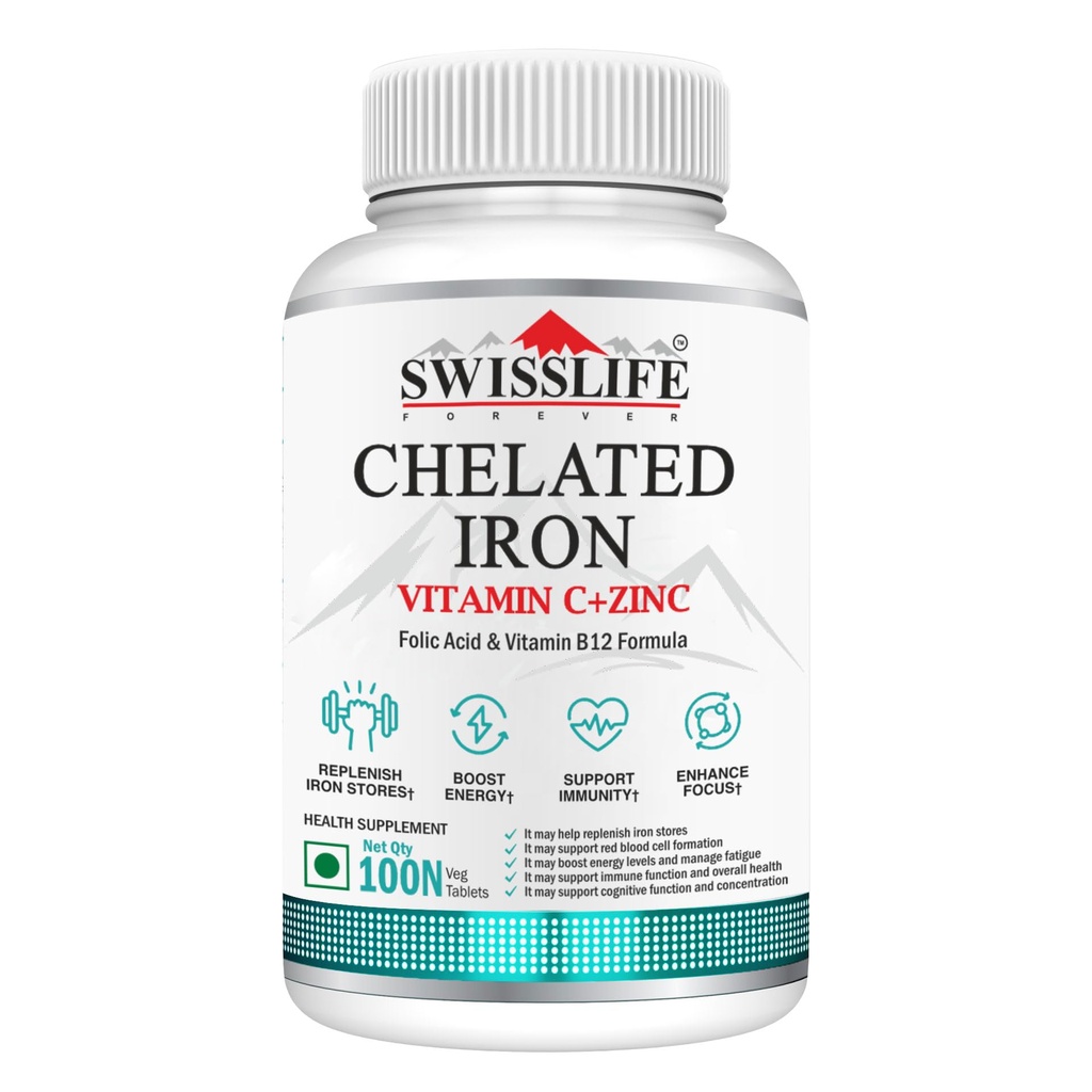 Swisslife Forever Chelated Iron Tablets for Hemoglobin & Energy | With Vitamin C, Zinc, Folic Acid & B12 | High Absorption Iron Supplement for Women & Men | Anemia Support | 100 Tablets