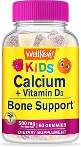 WellJa Calcium 500mg + Vitamin D3 1000 IU (25 mcg) Gummi für Kinder - Knochengesundheit und Muskel-Supprt, Immununterstützung Gummy, Non GMO, Glutenfrei, Mix Fruit Flavors - 60 Gummie