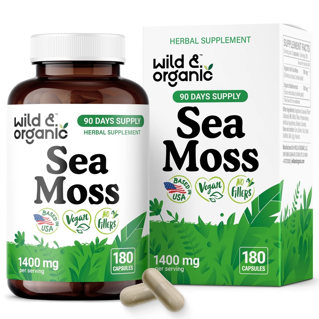 Wild & Organic Sea Moss Capsules - Irish Sea Moss Complex mit Bladderwrack & Burdock Root für Overall Well-Being - 180 Vegan Seamoss Capsules