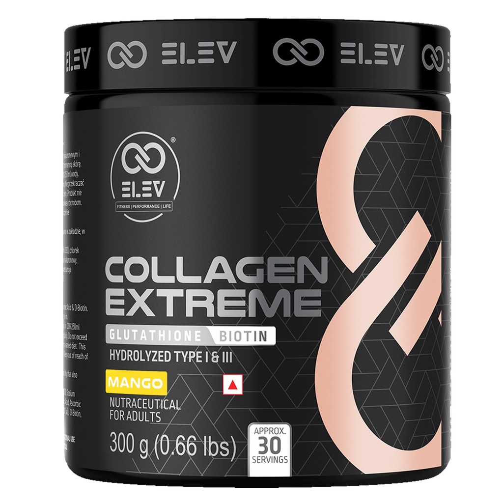 Elev Collagen Extreme 300g | Marine Collagen Peptides with Glutathione, Hyaluronic Acid & D-Biotin | Mango | 30 Servings