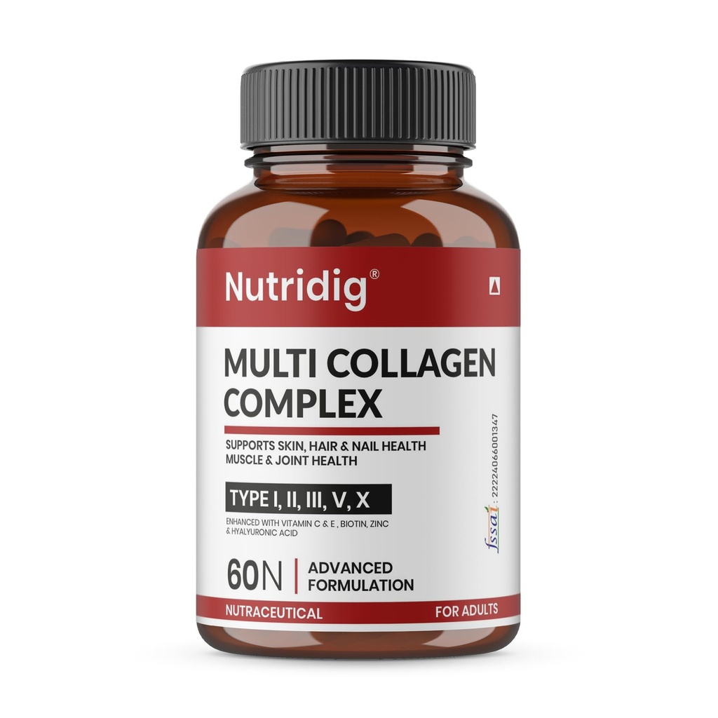 Multi Collagen Complex Capsules | Type I, II, III, V & X | 3000 mg Collagen Blend with Hyaluronic Acid, Vitamin C, E, Biotin & Zinc | Supports Skin, Hair, Nails, Muscle & Joint Health | 60 Capsules