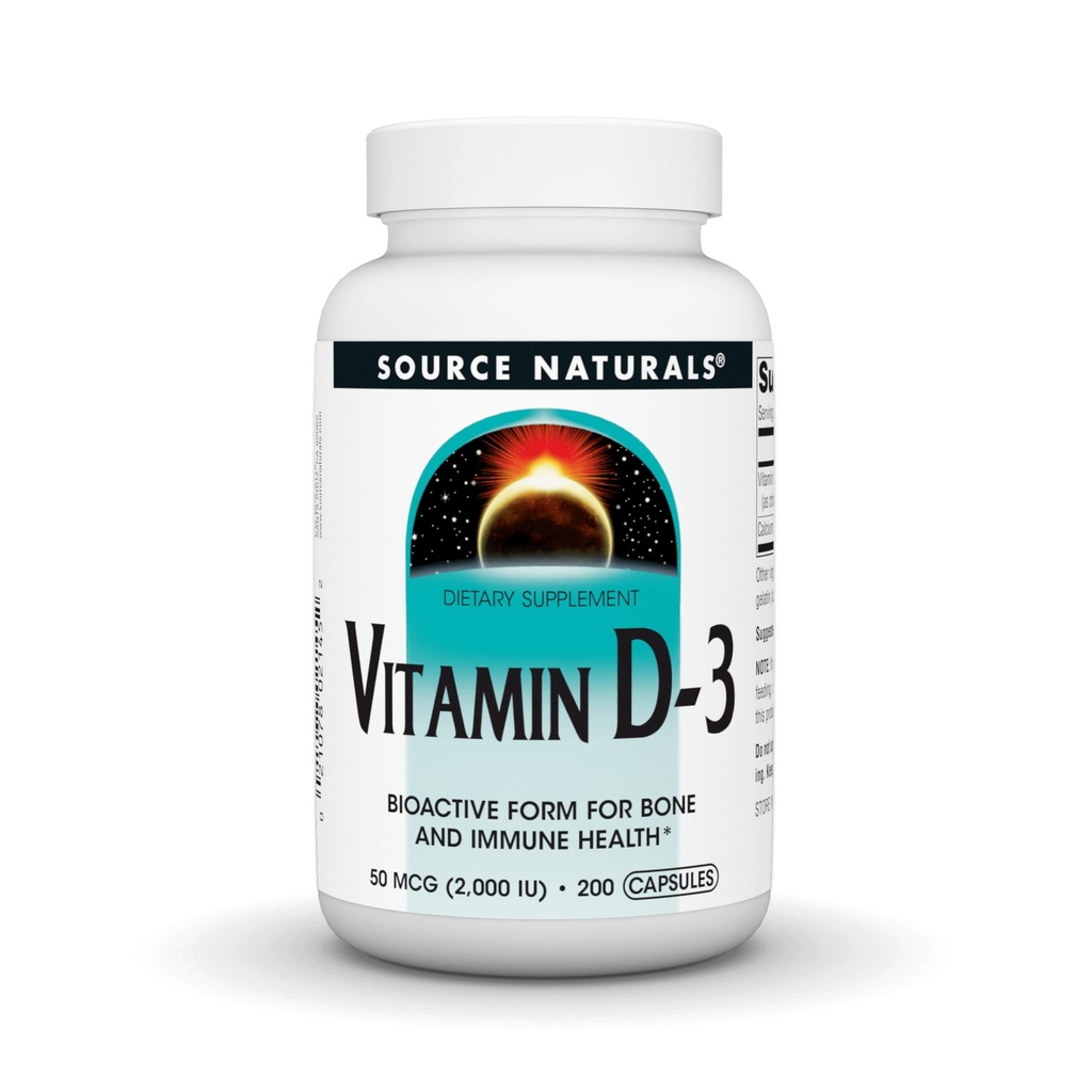 Source Naturals Vitamine D-3, forme bioactive pour la santé des os et des immunes*, 2000 UI - 200 capsules