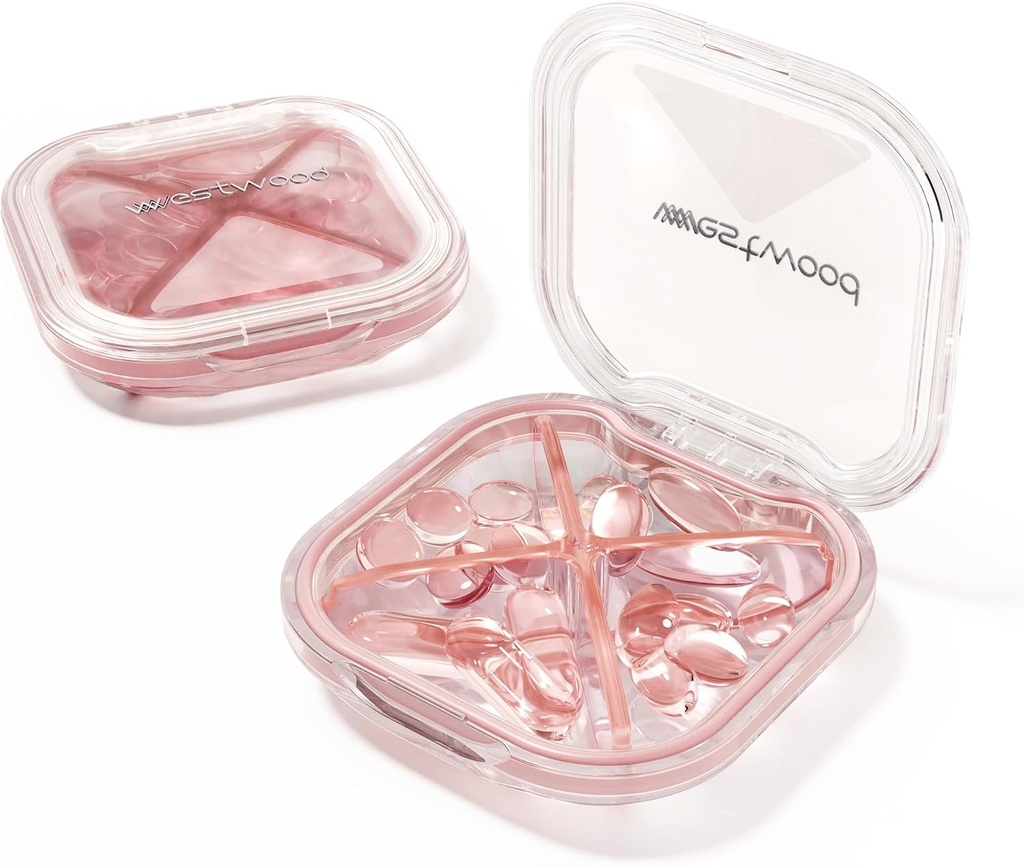 1 Packung kleine rosa Pille Organizer, 4 Komponenten, kompakte stilvolle Reise-Camping Pille Box Tägliche Medizin Pille Fall, Portable und Feuchtigkeitsbeständig, um Vitamine, Medikamente und Ergänzungen zu speichern