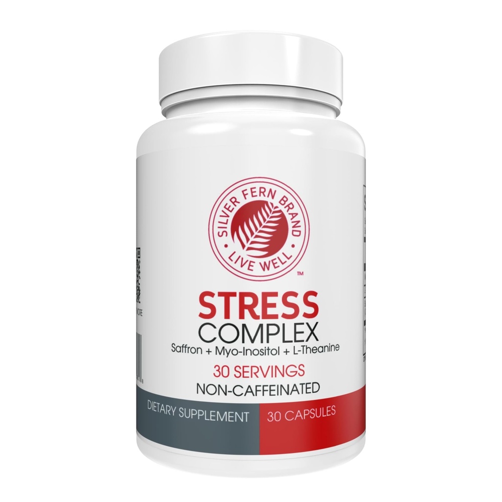 Supplément complexe de stress de la fougère d'argent - Sans caféine - Sommeil, inquiétude, humeur et plus - avec suppléments de safran, supplément de L-Theanine, et Myo-inositol - Supplément de stress naturel (paquet de 1)